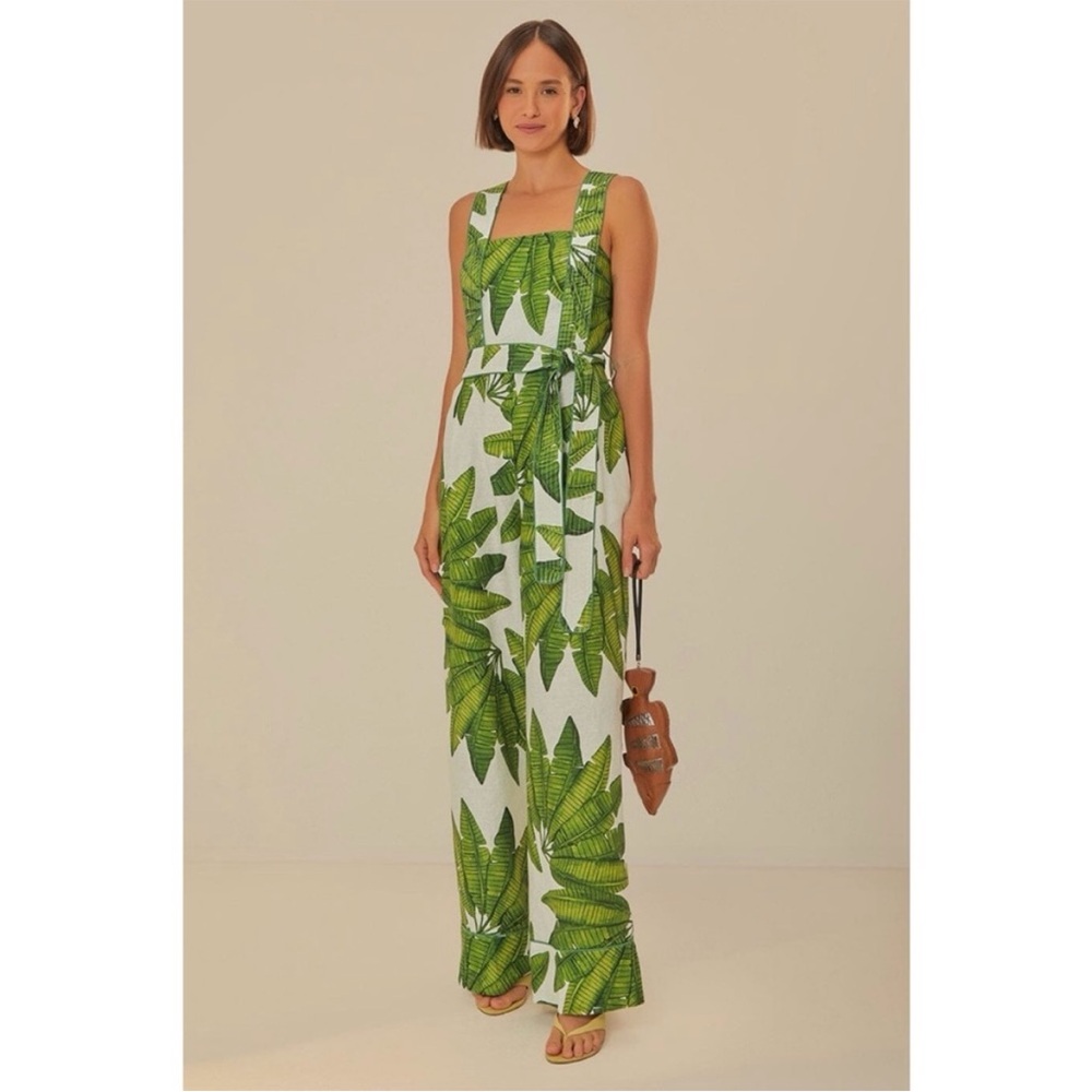 Farm Rio Palm Fan Off-White Jumpsuit NWT Size M Linen - Picture 14 of 15
